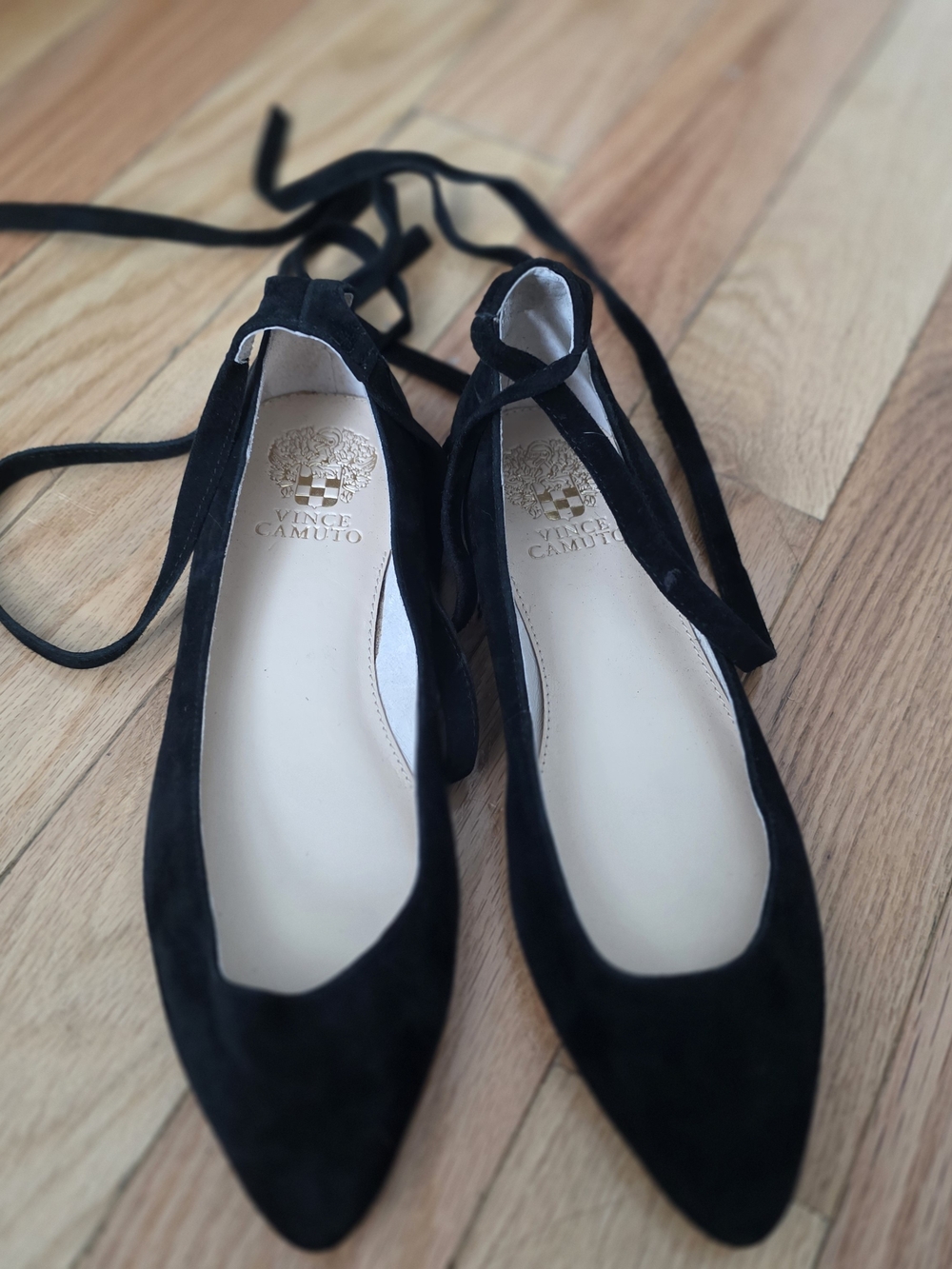 Vince Camuto Black Suede Pointed Lace-Up Flats